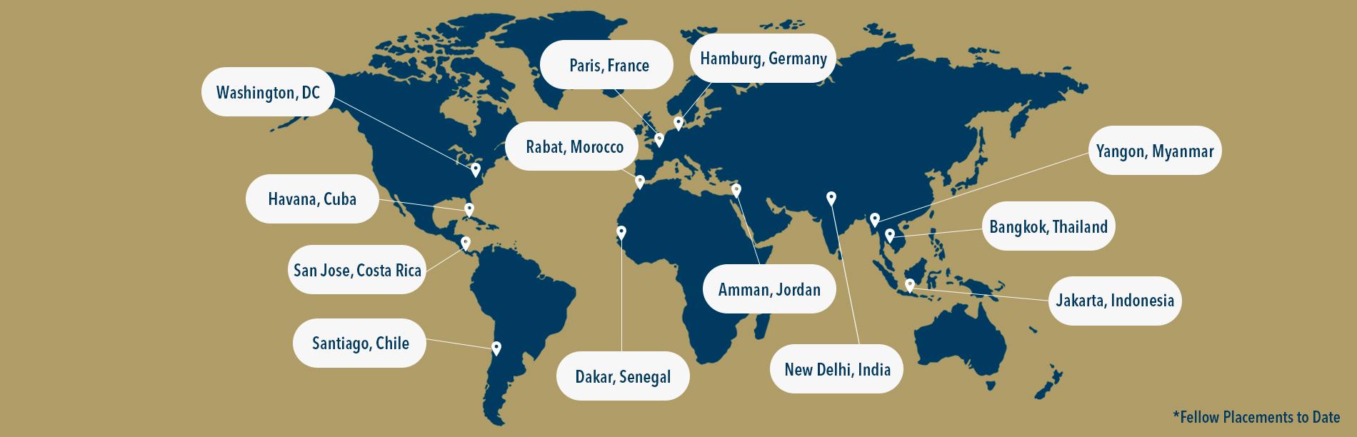 world map labeled with places where GW UNESCO Fellows have been placed, including: Washington, DC; Havana; San Jose, Costa Rica; Santiago, Chile; Paris; Hamburg; Rabat, Morocco; Dakar, Senegal; Amman, Jordan; New Delhi; Bangkok; Jakarta, Indonesia; Yangon, Myanmar