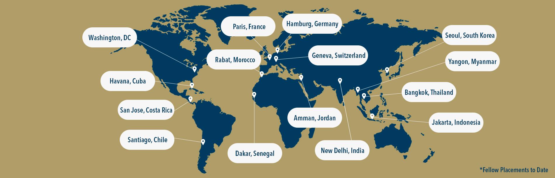 world map labeled with places where GW UNESCO Fellows have been placed, including: Washington, DC; Havana; San Jose, Costa Rica; Santiago, Chile; Paris; Hamburg; Rabat, Morocco; Dakar, Senegal; Amman, Jordan; New Delhi; Bangkok; Jakarta, Indonesia; Yangon, Myanmar; Seoul, South Korea; Geneva, Switzerland