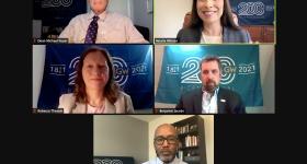 Screenshot of Zoom webinar: From left: Michael Feuer, Natalie Milman, Rebecca Thessin, Benjamin Jacobs and Lionel Howard discussed improving education access post-COVID.