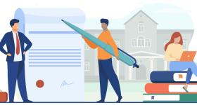 illustration of one man holding a large pen with a large document, business man in suit to left, woman on laptop to the right, school in the background (Image thanks to pch.vector on Freepik (https://www.freepik.com/free-vector/business-partners-signing-document-tiny-characters-with-pen-paper-with-signature-seal-flat-illustration_11235250.htm#query=document&position=12&from_view=author&uuid=15ca15cb-6fca-43e5-9422-f4338b05bb03 )