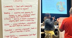 Photos from Dr. Gresham's conference presentation including a large sheet of paper detailing the CREATE method