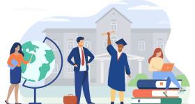 illustration of professor, dean, graduate and student on laptop
